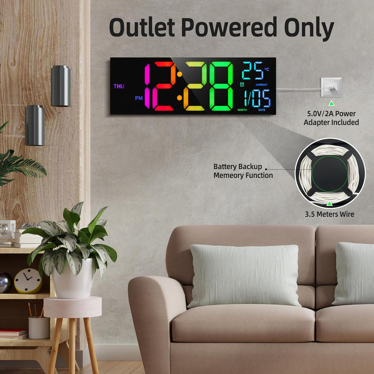 HAITANG 8 Colors Digital Wall Clock, 16.2" Large Digital Clock with Temperature, Date, Auto DST, Night Light, Auto Brightness Dimmer, 24/12-hour Wall Clock for Living Room Office Classroom Gym