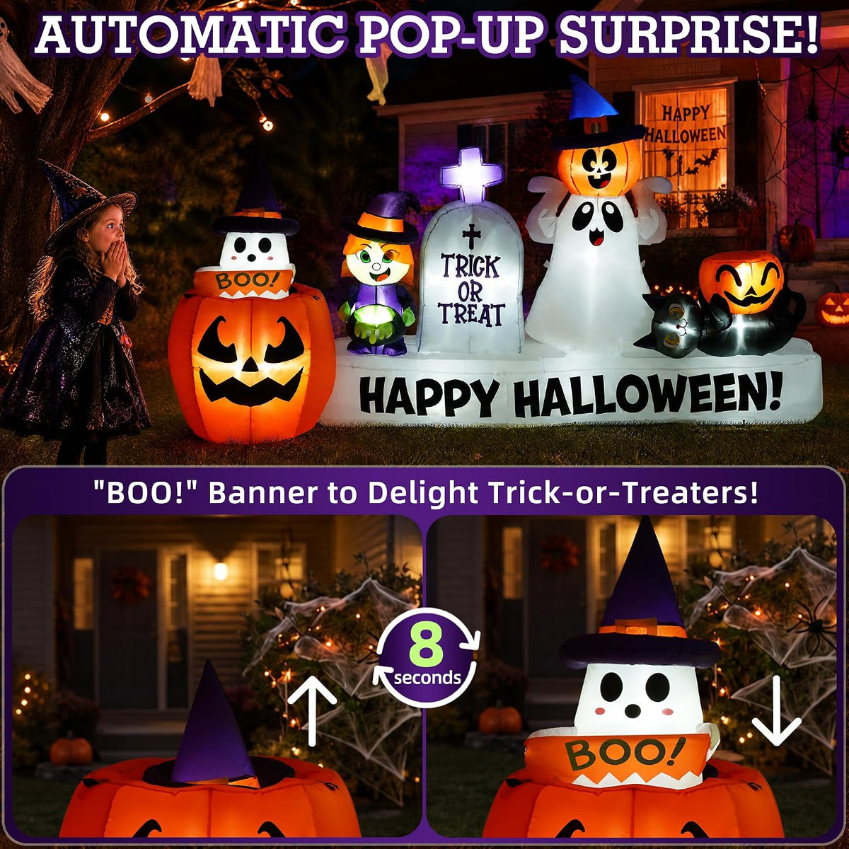 9 FT Long Halloween Animated Ghost Pumpkin Witch Tombstone Cat Inflatables