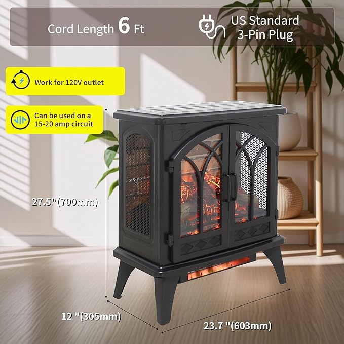 24" Electric Fireplace, Fireplace Heater w/Realistic Flame, Freestanding