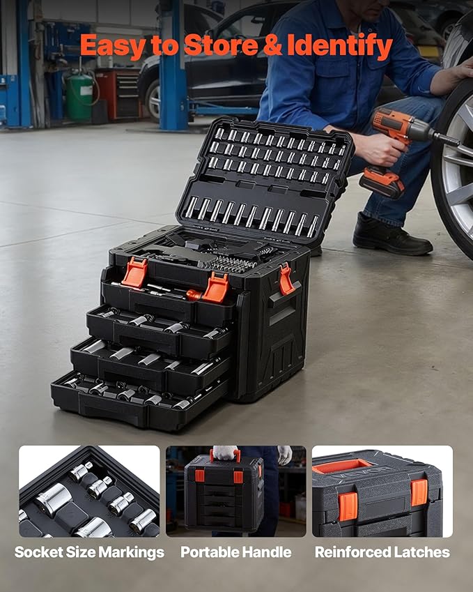 VEVOR Mechanics Tool Set, 256-Piece Mechanic Tool Kit, 1/4 in, 3/8 in, and 1/2