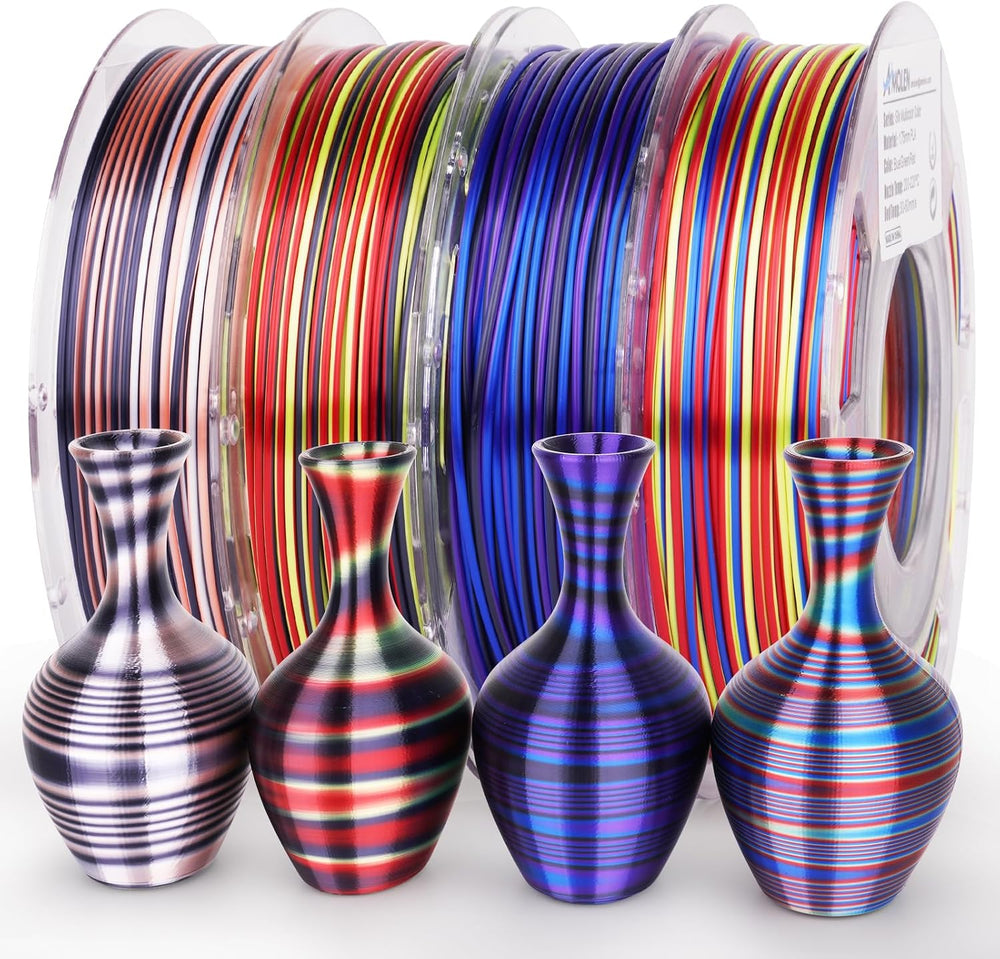 AMOLEN Silk PLA 3D Printer Filament Bundle, Shiny Multicolor Rainbow PLA Fila...