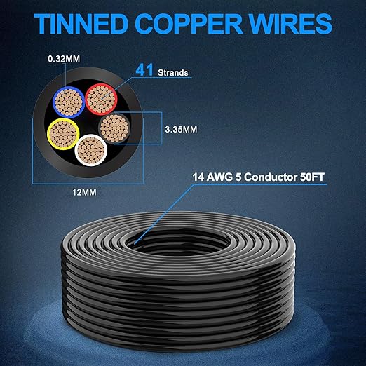 NAOEVO 14 Gauge Wire 5 Conductor Electrical Wire, 14 AWG Stranded PVC Cord