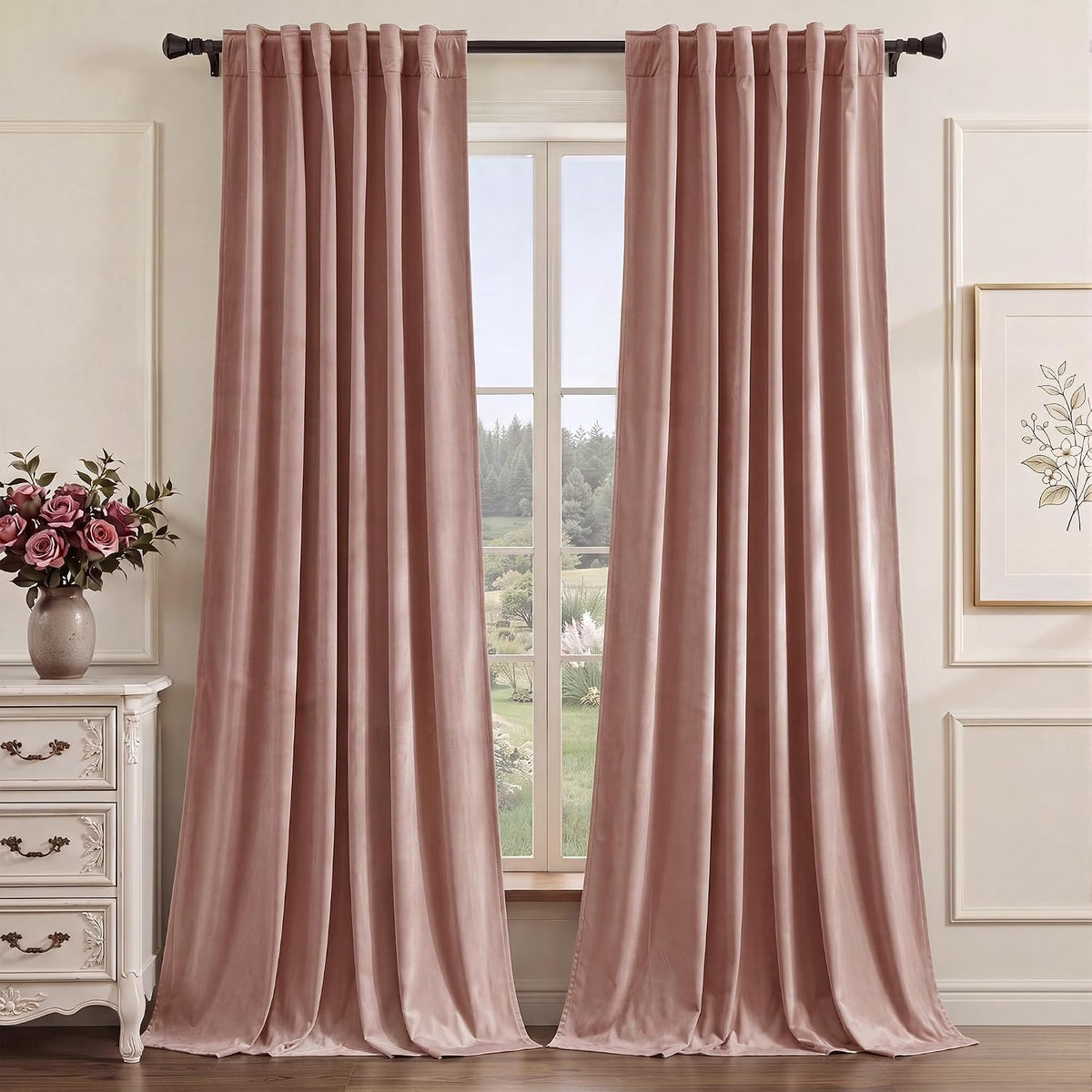 Pink Girls Bedroom Velvet Curtains 90 Inch Length 2 Panels | Romantic Blush Pink Drapes for Salon, Light Dimming Privacy Window Panels, Back Tab & Hook Belt, W52 x L90
