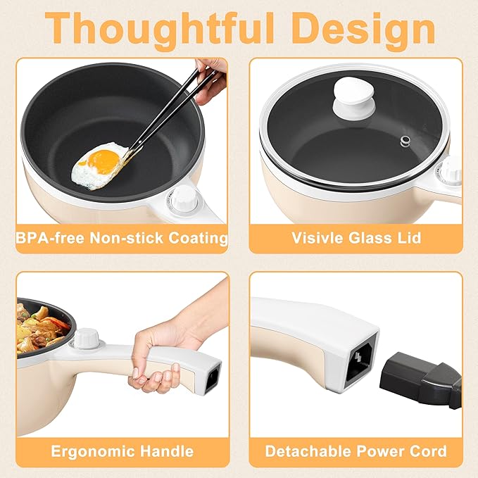 Dezin Hot Pot Electric Upgraded, Non-Stick Sauté Pan, Rapid Noodles Electric Pot