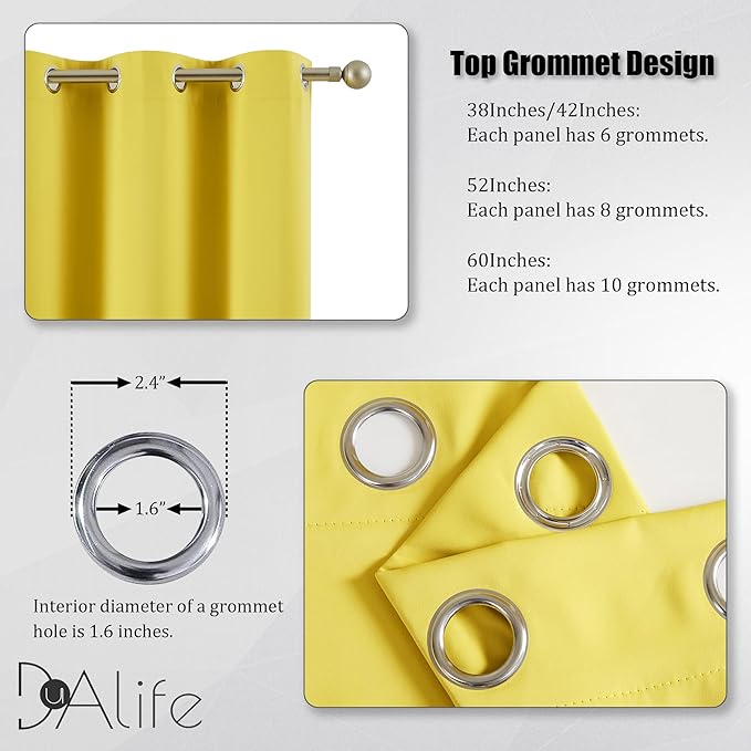 DUALIFE 90 Inch Curtains Yellow, Room Darkening Curtains, Thermal Insulated (Set of 2)