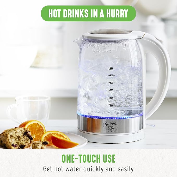 GreenLife 1.7 Liter Glass Electric Kettle, Easy One Touch Use, Quick Heating