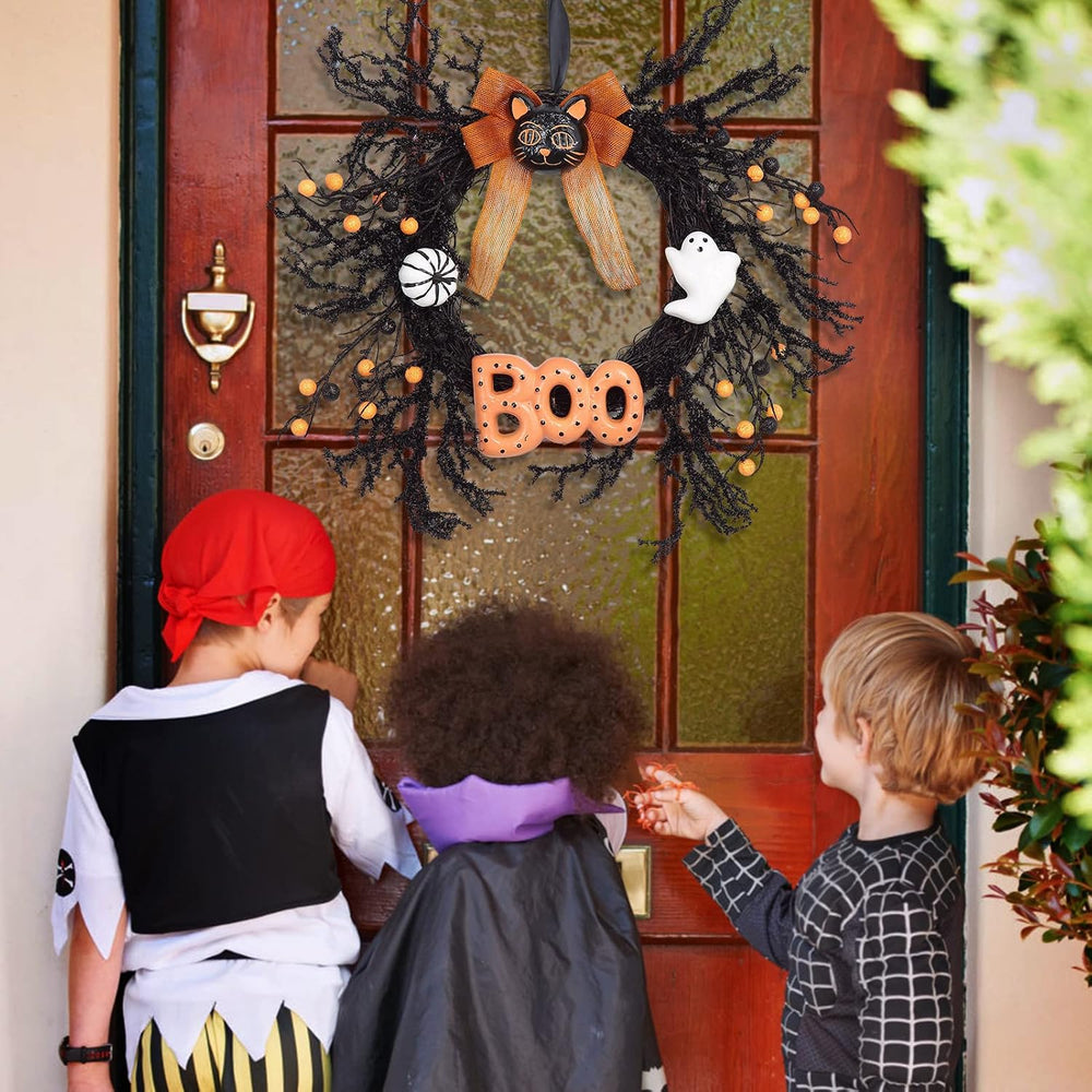 Halloween Wreaths for Front Door, 18Inch Halloween Wreath with Black Cat Boo ...