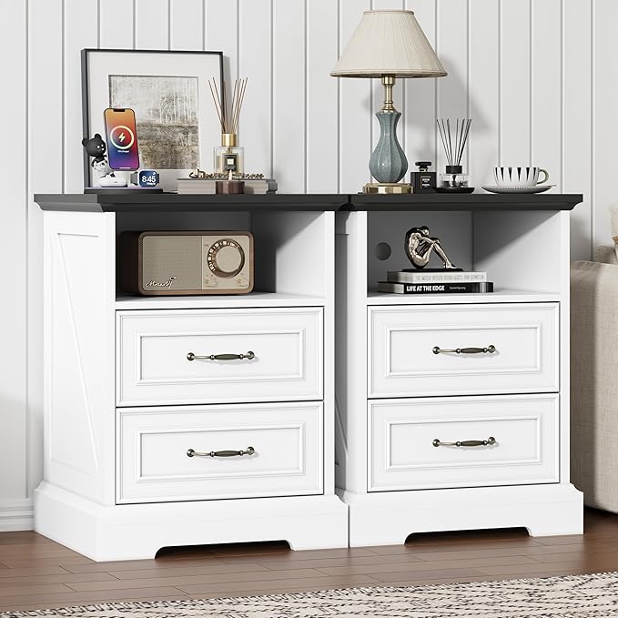 Nightstand with Charging Station, Rustic Farmhouse Wood Small Dresser, Bedside