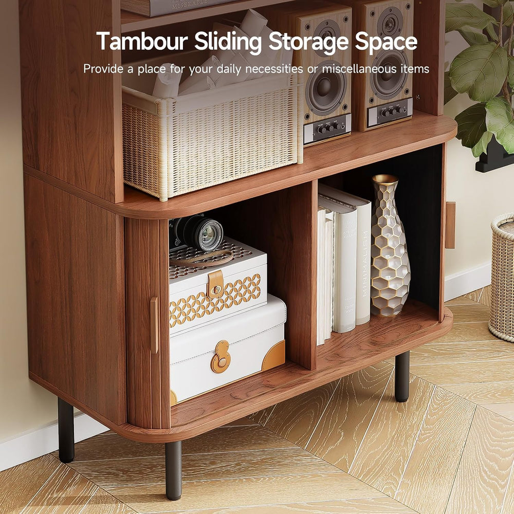 ONBRILL 71" T Bookshelf with Sliding Door, 31.5" W Bookcase Storage...