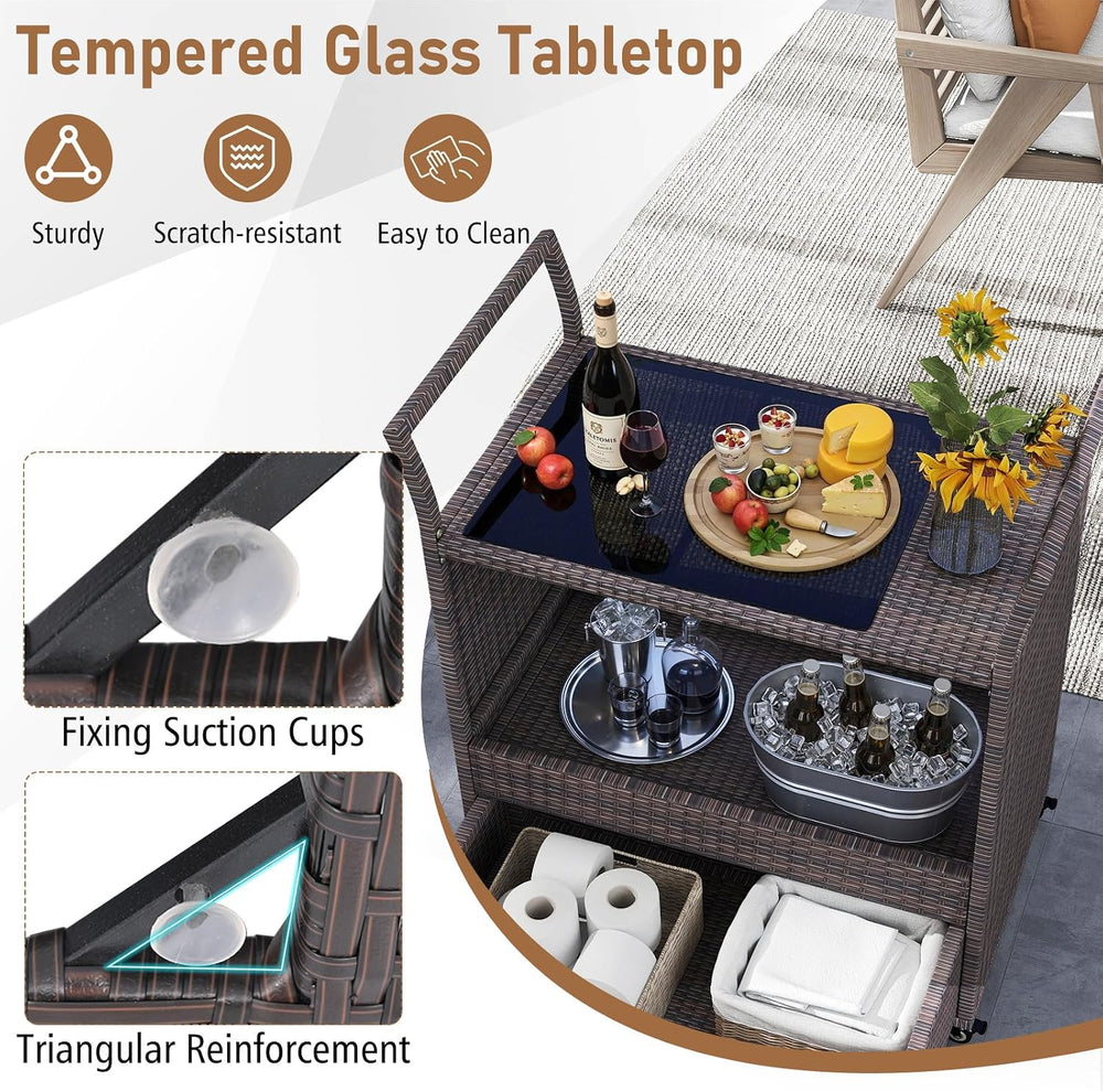Tangkula Rolling Rattan Bar Cart,Bar Counter Table with Tempered Glass Top