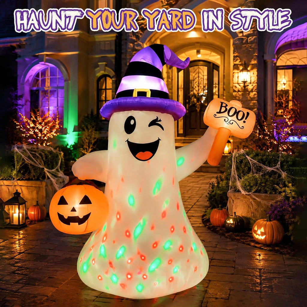 4.5 FT Halloween Inflatables Ghost with Pumpkin Boo, Halloween Decorations Outdoor with Build-in LED Lights Blow Up Cute Wizard Ghost Inflatables for Garden Lawn Yard Party Decor