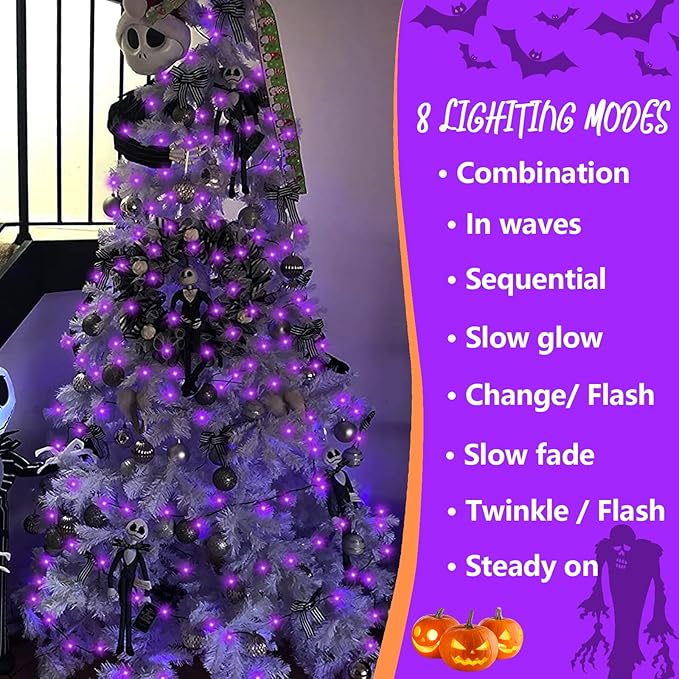 YEGUO 165ft 500 LED Halloween Lights Outdoor Waterproof, 8 Modes Purple String Lights Plug in, Green Wire Christmas Lights Indoor with Timer Memory