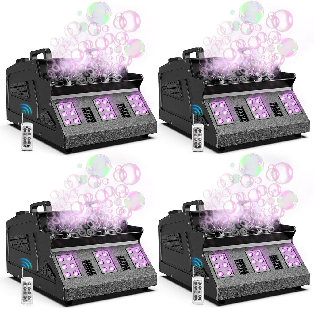 2000W Fog Machine, 3 in 1 Fog Bubble Machine with 2 Bubble Fans, 18 RGB LED Lights Smoke Bubble ALL IN ONE Fog Machine, Bubble Machine for Halloween Christmas Party Wedding, 4 Pack