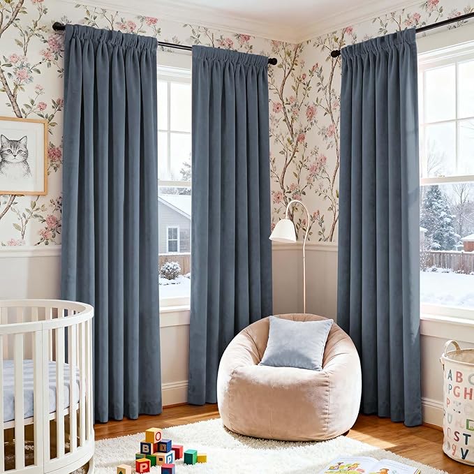Lazzzy Blue Blackout Velvet Curtains 84 Inch Long Thermal Insulated Room