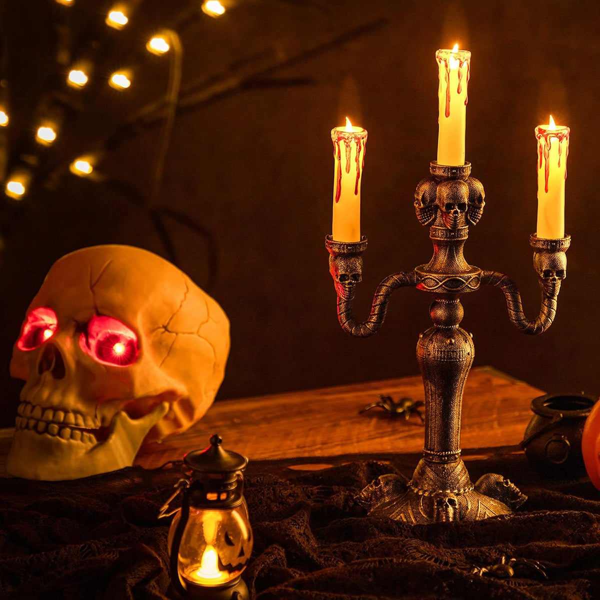 JOYIN 2 Pcs Skull Candelabra Halloween Decorations Indoor LED Lights Flameless Candles Holder, Scary Haunted House Mansion Decor for Table Home Party