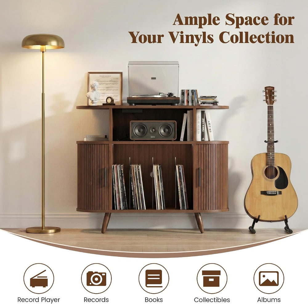 35" Record Player Stand with Storage, Media Stereo Shelf Charging, Walnut