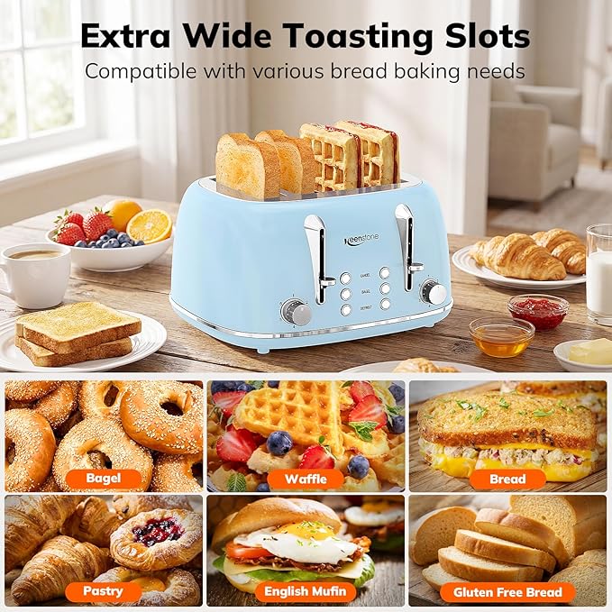 Keenstone Toaster 4 Slice, Retro Stainless Steel Wide Slot Toaster