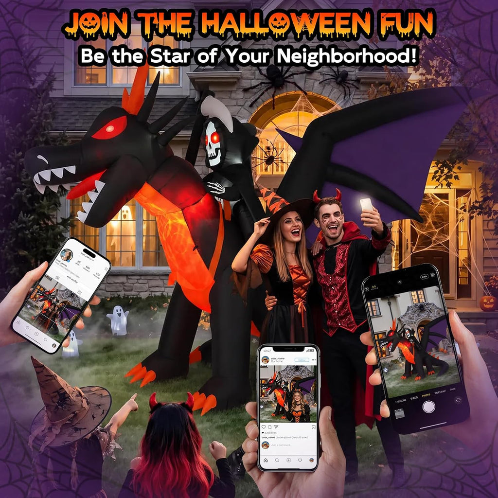 11.5FT Long Animated Dragon & Grim Reaper Halloween Inflatable, Moving Head