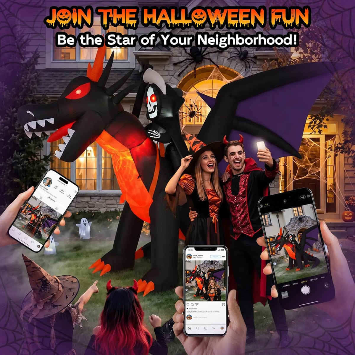 11.5FT Long Animated Dragon & Grim Reaper Halloween Inflatable, Moving Head