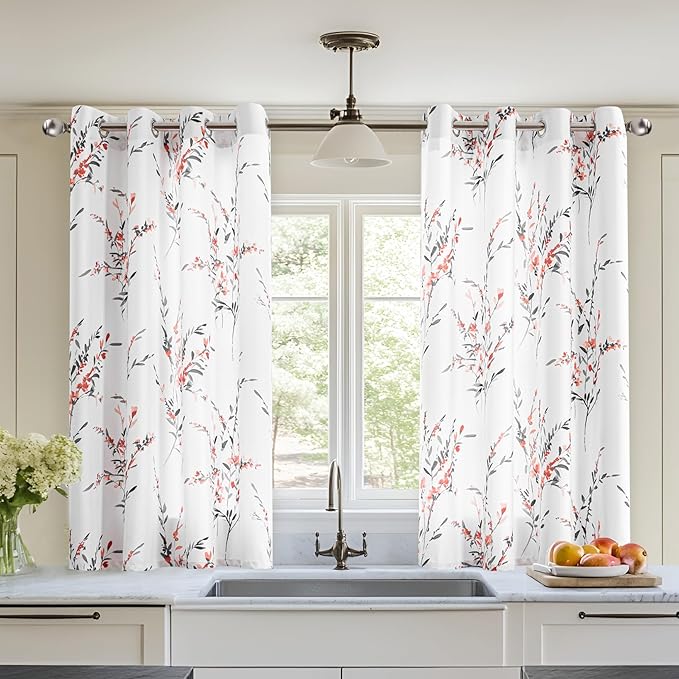 MYSKY HOME Kitchen Curtains 45 inch Length Floral Curtains Thermal Insulated