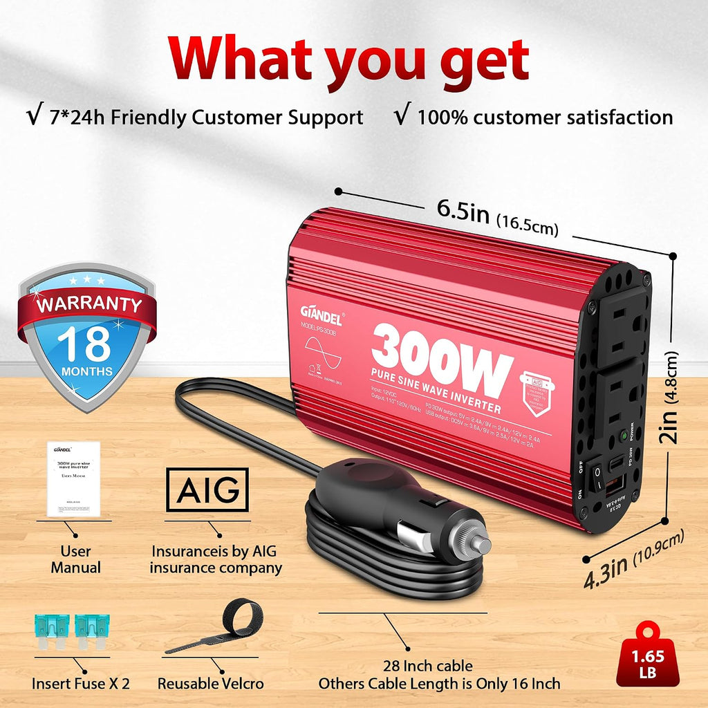 300 Watt Pure Sine Wave Car Power Inverter, PD30W USB-C and QC 3.0 Fast Charger Car Converter Adapter for Smartphones Laptops Tablets Starlink
