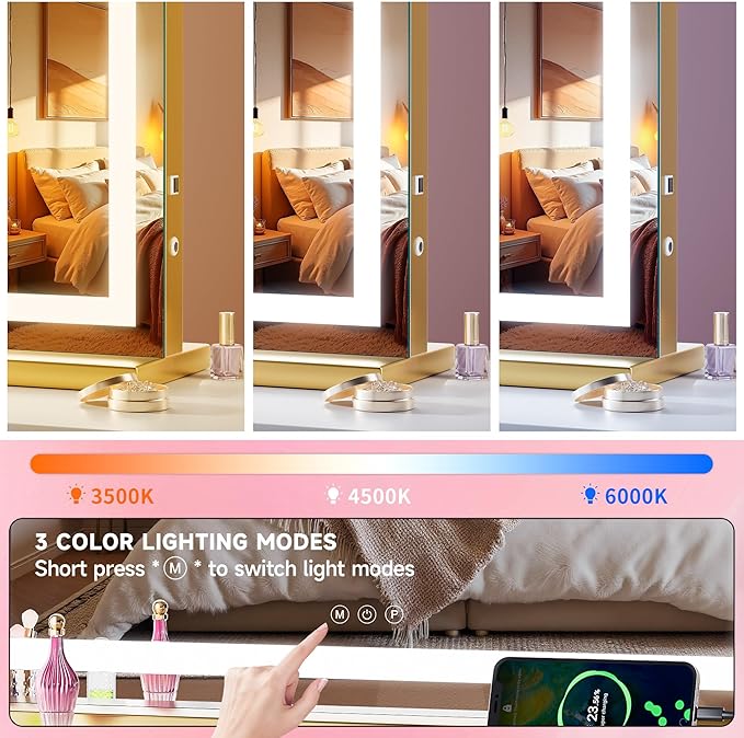 Vanity Mirror with Lights, Dimmable 3 Modes, Memory Function, Smart Touch