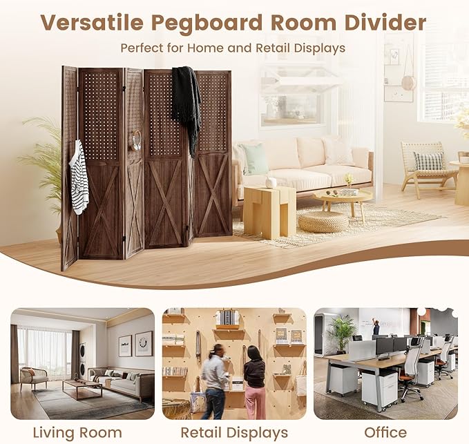 ALeesing 6 Panel Pegboard Room Divider, 5.6Ft Pegboard Display Folding Privacy