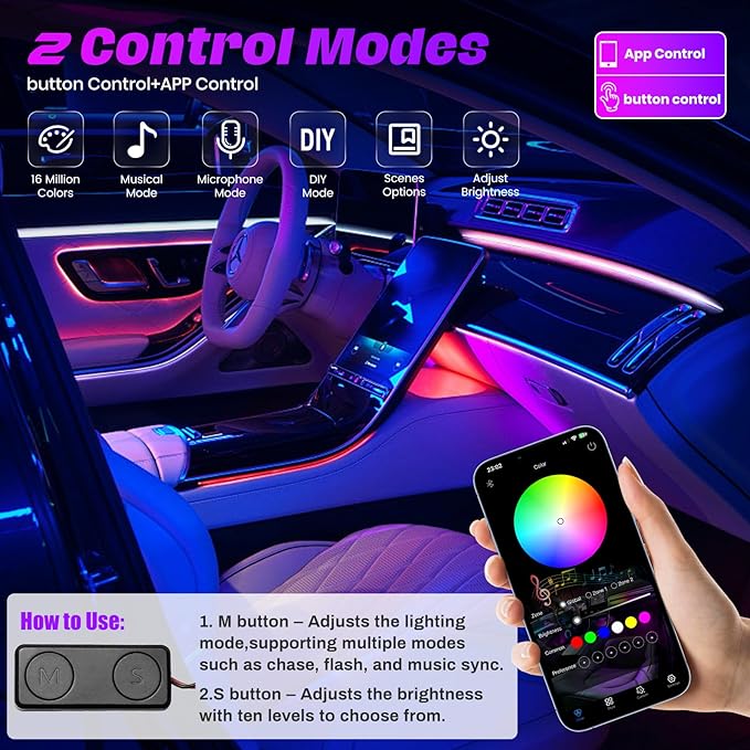 Acrylic Interior Car LED Strip Lights, Colorful 6-in-1 Car Ambient Lighting Kit