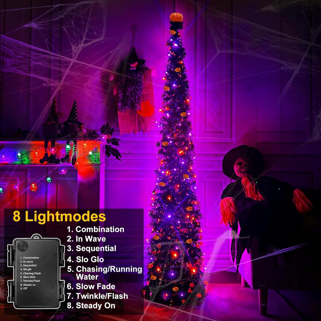 6 Ft Black Tinsel Halloween Tree with Lights Halloween Decorations