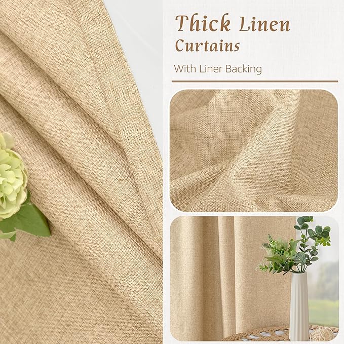 LAMIT Natural 100% Blackout Linen Curtains, 54 Inches Linen Textured Thermal
