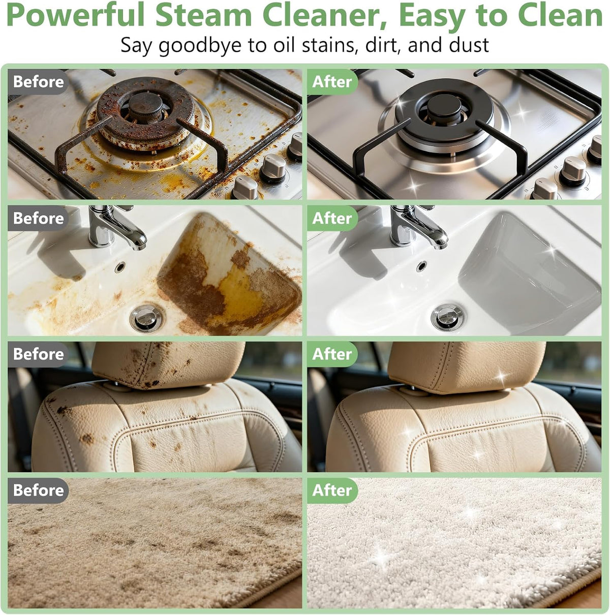 Steam Cleaner, Portable Steamer for Cleaning with 16pcs Accessories, 6-Level Adjustable and 15s Heat-Up, Handheld Steam Cleaner for Home, Tile, Dirt, Grout, Grease, Car Detailing, Light Green