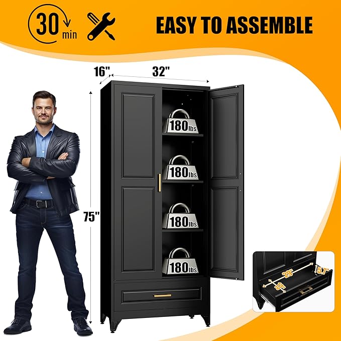 75" Tall Metal Storage Cabinet, Kitchen Pantry Storage Cabinets