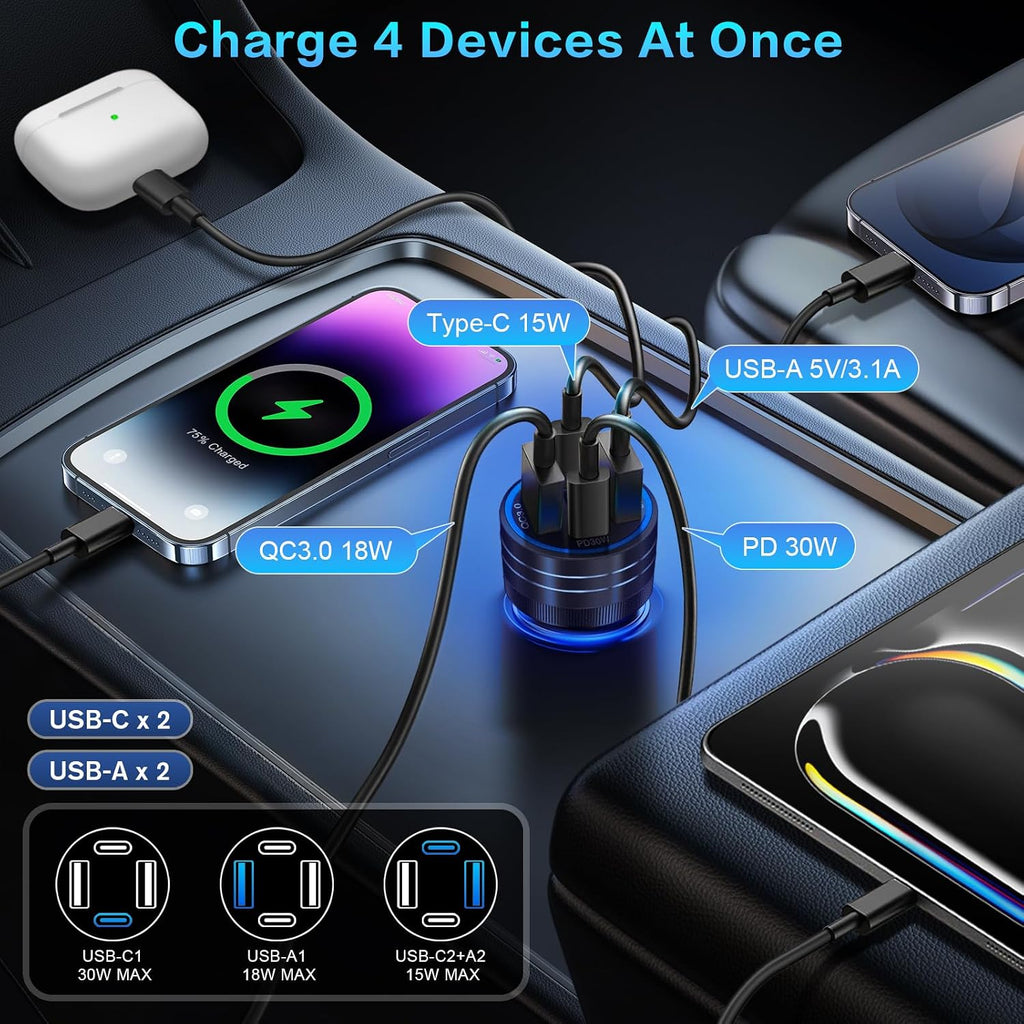 car charger, ancekoy 65w 4-port car charger adapter showing dimensions