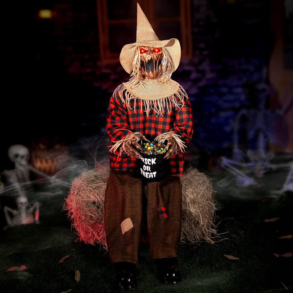 Halloween Animatronics Decorations Scary Sitting Scarecrow with Candy Bag, 55...