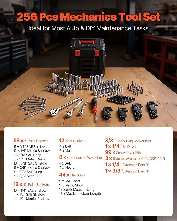 VEVOR Mechanics Tool Set, 256-Piece Mechanic Tool Kit, 1/4 in, 3/8 in, and 1/2