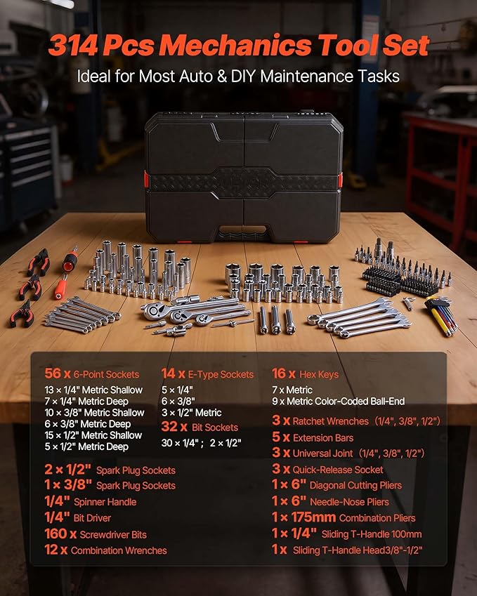 VEVOR Mechanics Tool Set, 314-Piece Mechanic Tool Kit, 1/4 in, 3/8 in, and 1/2