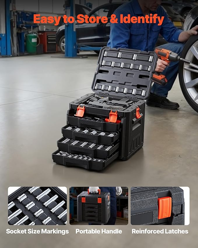 VEVOR Mechanics Tool Set, 230-Piece Mechanic Tool Kit, 1/4 in, 3/8 in, and 1/2