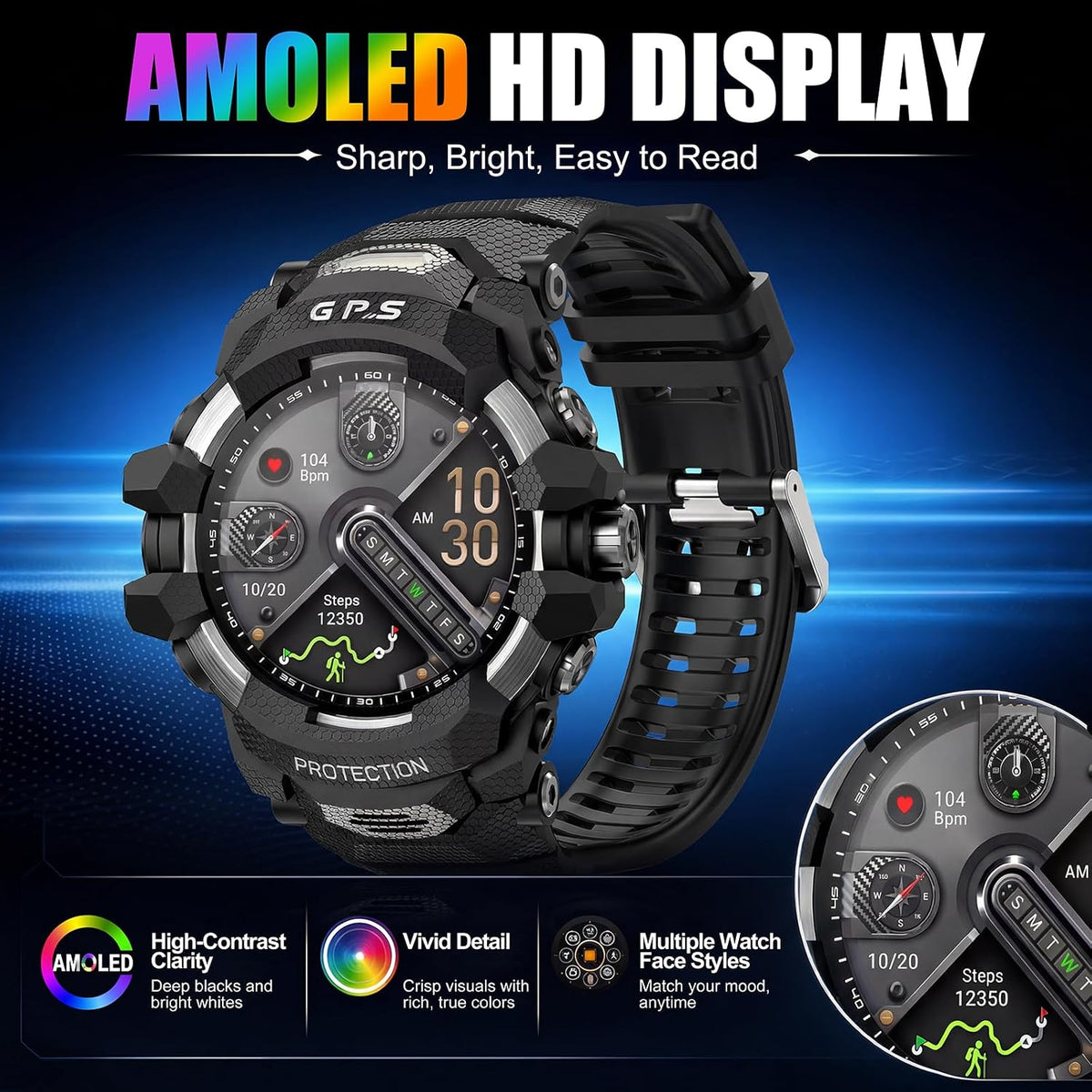 smart watch for men with built-in gps, 1.43" showing dimensions