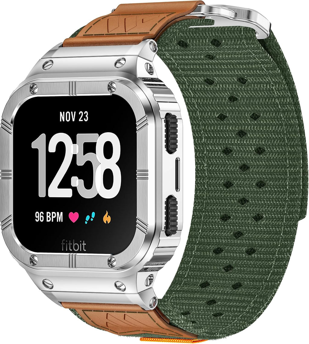 MioHHR Nylon Bands with Stainless Steel Case for Fitbit Versa 4 3 2 1 Lite
