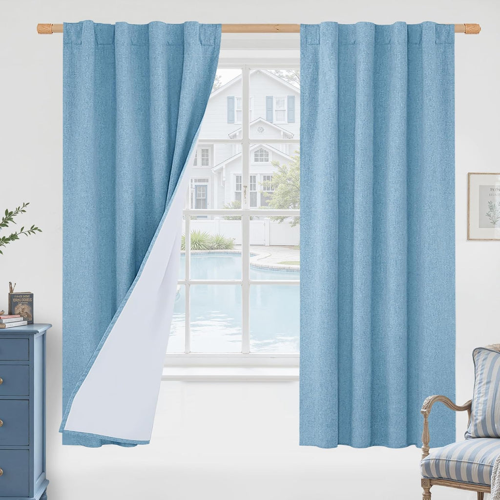 LAMIT Blue 100% Blackout Linen Curtains 63 Inches with White Liner
