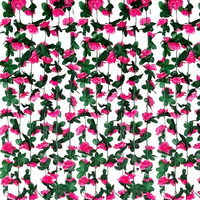 16Pcs 126Ft Fuchsia Rose Garland, Fake Rose Hanging Flowers, Artificial Flower Vine, Hanging Floral Vine Garland for Wedding, Birthday Party, Wall Arch, Halloween, Christmas Garden Backdrop Decor