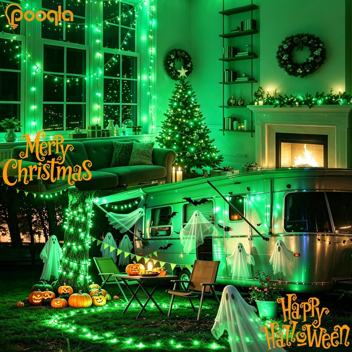 Pooqla 500 LED String Lights Indoor Outdoor, 164 ft Green Halloween Lights Plug in with Timer, Connectable 8 Modes Waterproof Clear Wire Twinkle Fairy Lights for Xmas Tree Christmas Decor