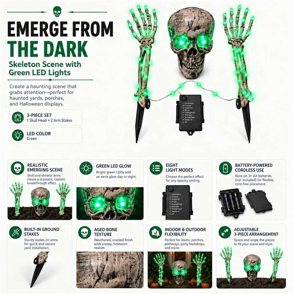 Halloween Skeleton Decorations Outdoor, 3-Piece Green LED Yard Stakes, Skull ...