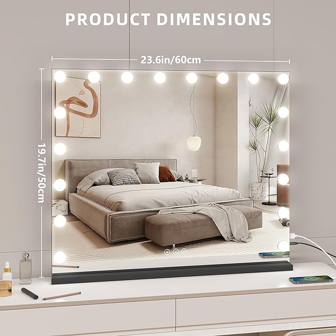 Vanity Mirror with Lights, Makeup Mirror with 17 Dimmable LED Bulbs, 3 Color