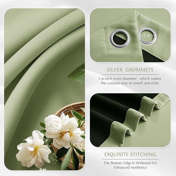 Beauoop Sage Green 100% Blackout Curtains 84 Inch Long 2 Panels