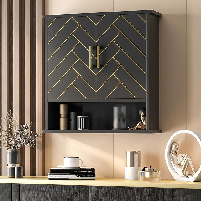 Black Chevron Pattern Bathroom Wall Cabinet, Modern Hanging Medicine Cabinet