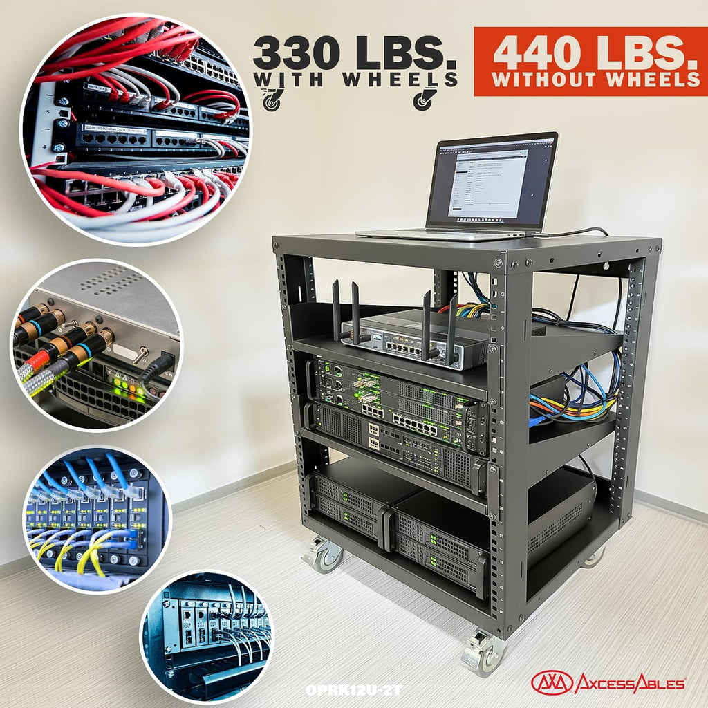 AxcessAbles 12U Open Frame Network Rack with Locking Caster Wheels - 440lb Capacity, 18" Depth | 19-Inch Open Server Rack, Two 2U Shelves, 10-32 Screws & Cage Nut Rails, Cage Nut Tool & Wall Kit
