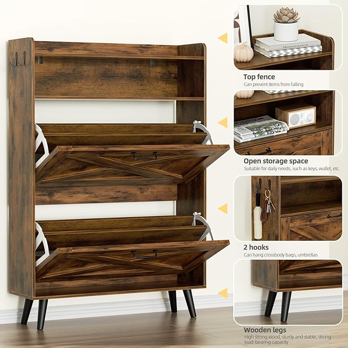 EOYUTLLY Shoe Cabinet with Bench, Entryway Shoe Organizer with 2 Flip Drawers &
