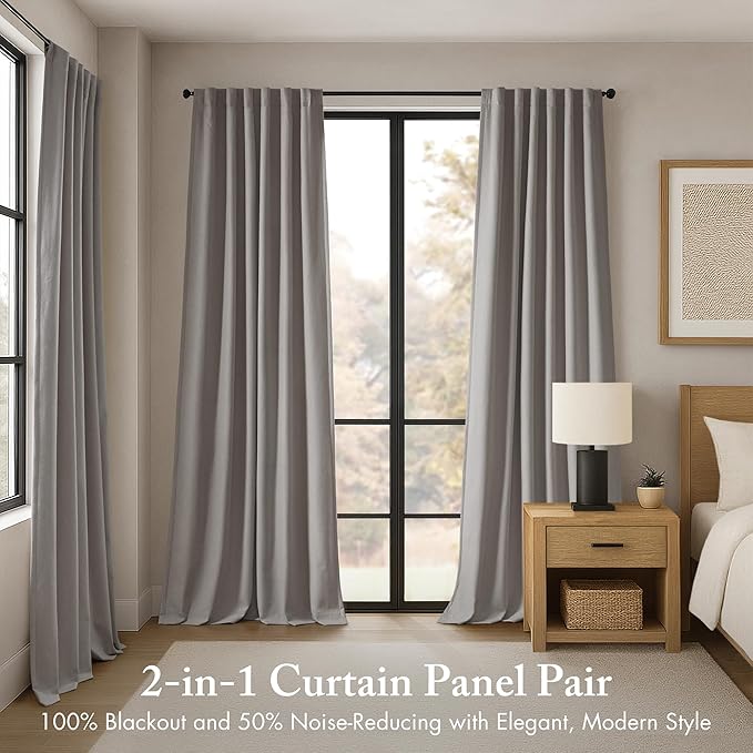 Madison Park Karien 100% Blackout Curtains 52x95 – Grey, 2-Layer Noise Blocking (2-PK)