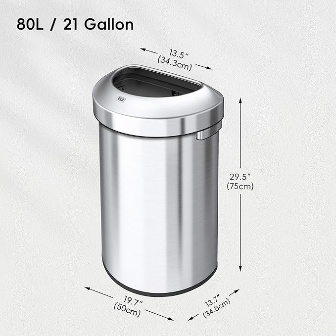 EKO Urban 21 Gallon Semi-Round Open Top Waste Bin, Stainless Steel Half Round